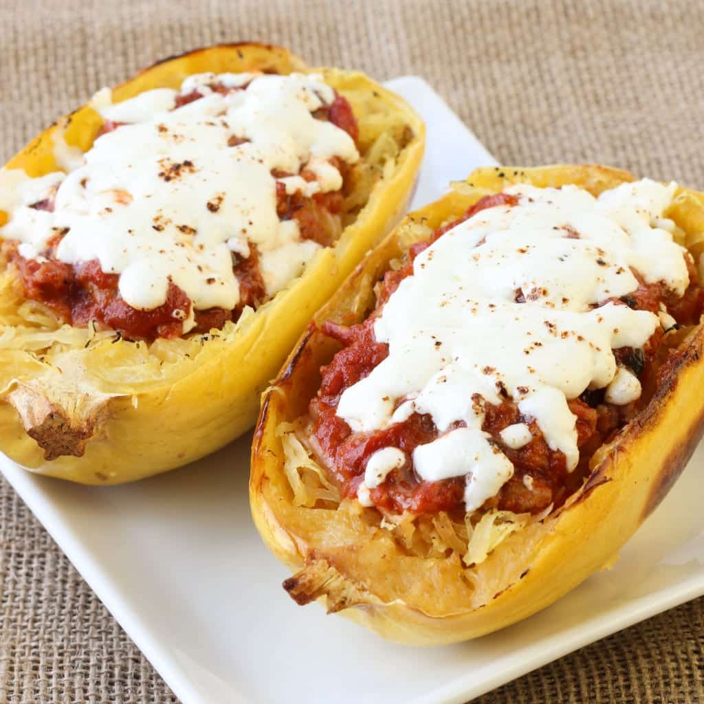 Twice Baked Spaghetti Squash with Turkey Sausage Meat Sauce