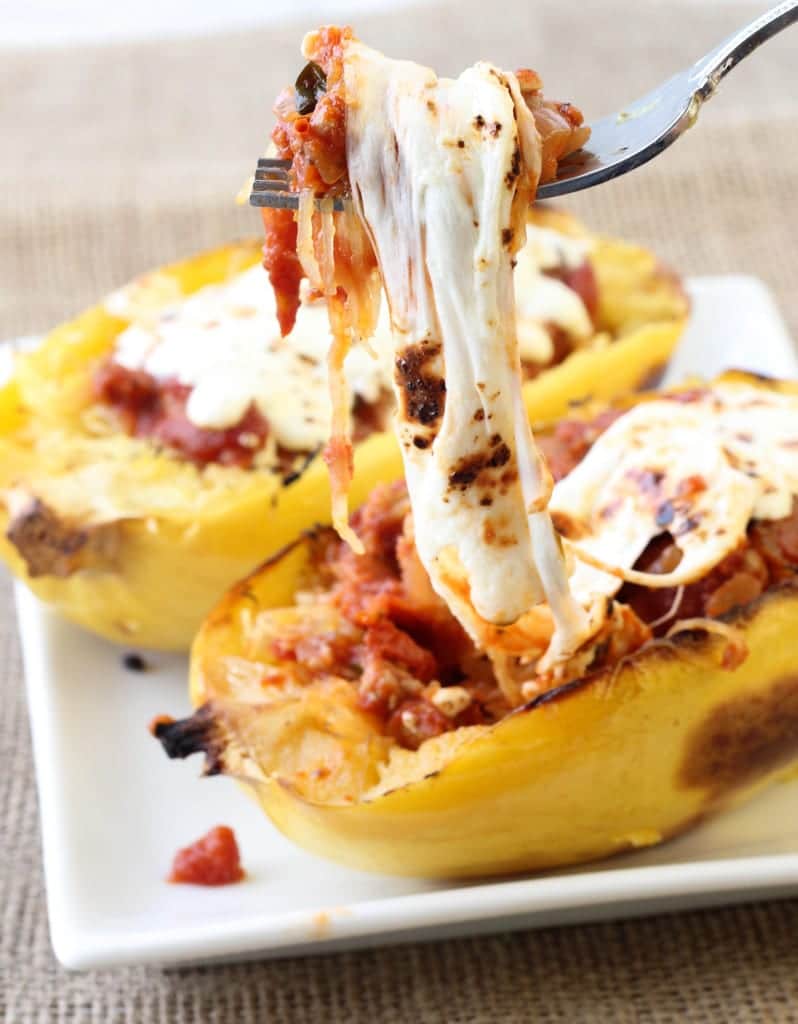 Twice Baked Spaghetti Squash with Turkey Sausage Meat Sauce