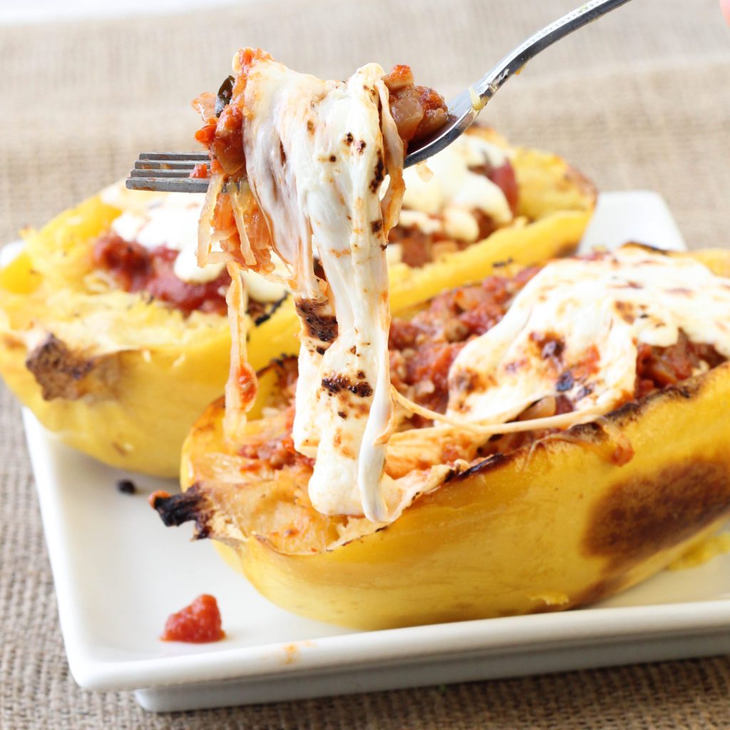 Twice Baked Spaghetti Squash with Turkey Sausage Meat Sauce