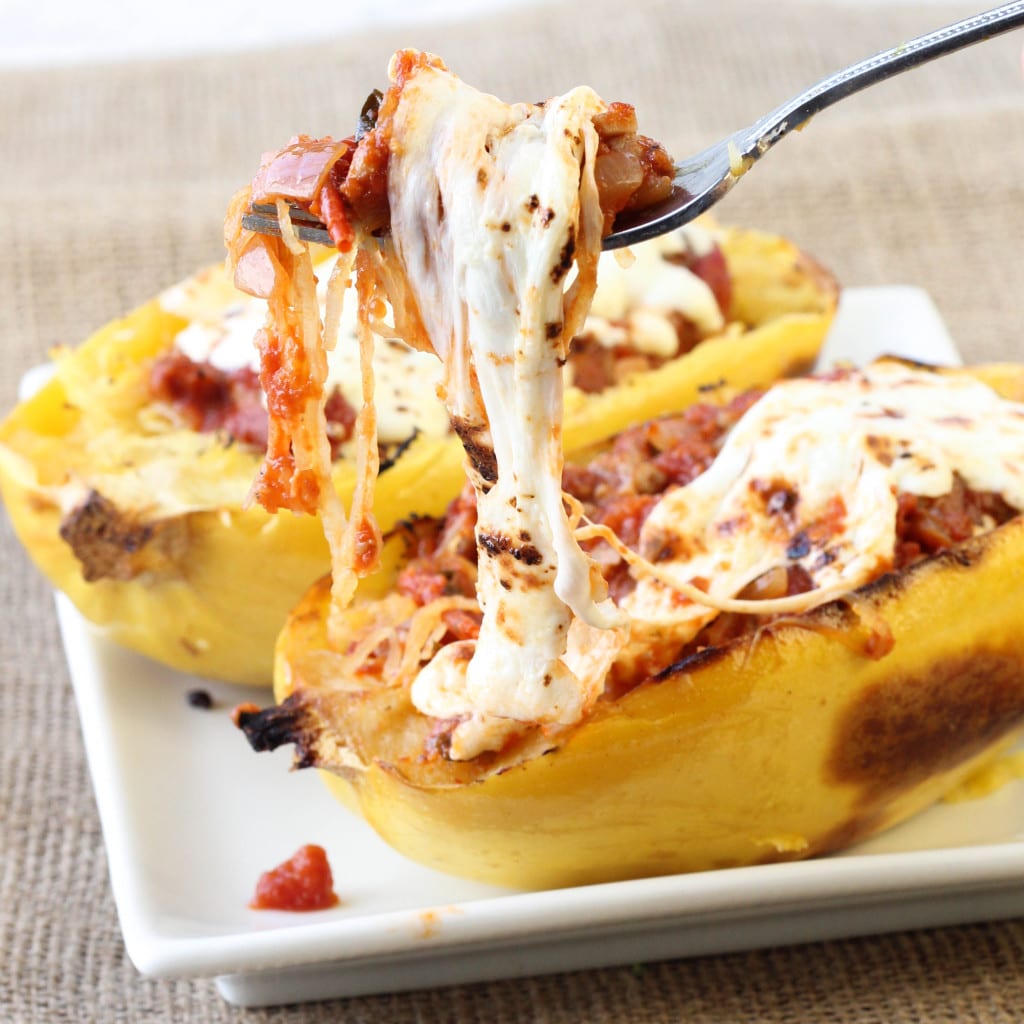 Twice Baked Spaghetti Squash with Turkey Sausage Meat Sauce