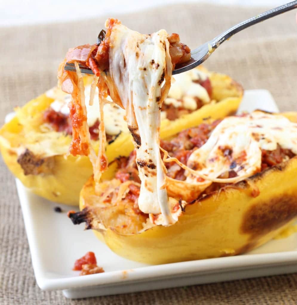 Twice Baked Spaghetti Squash with Turkey Sausage Meat Sauce