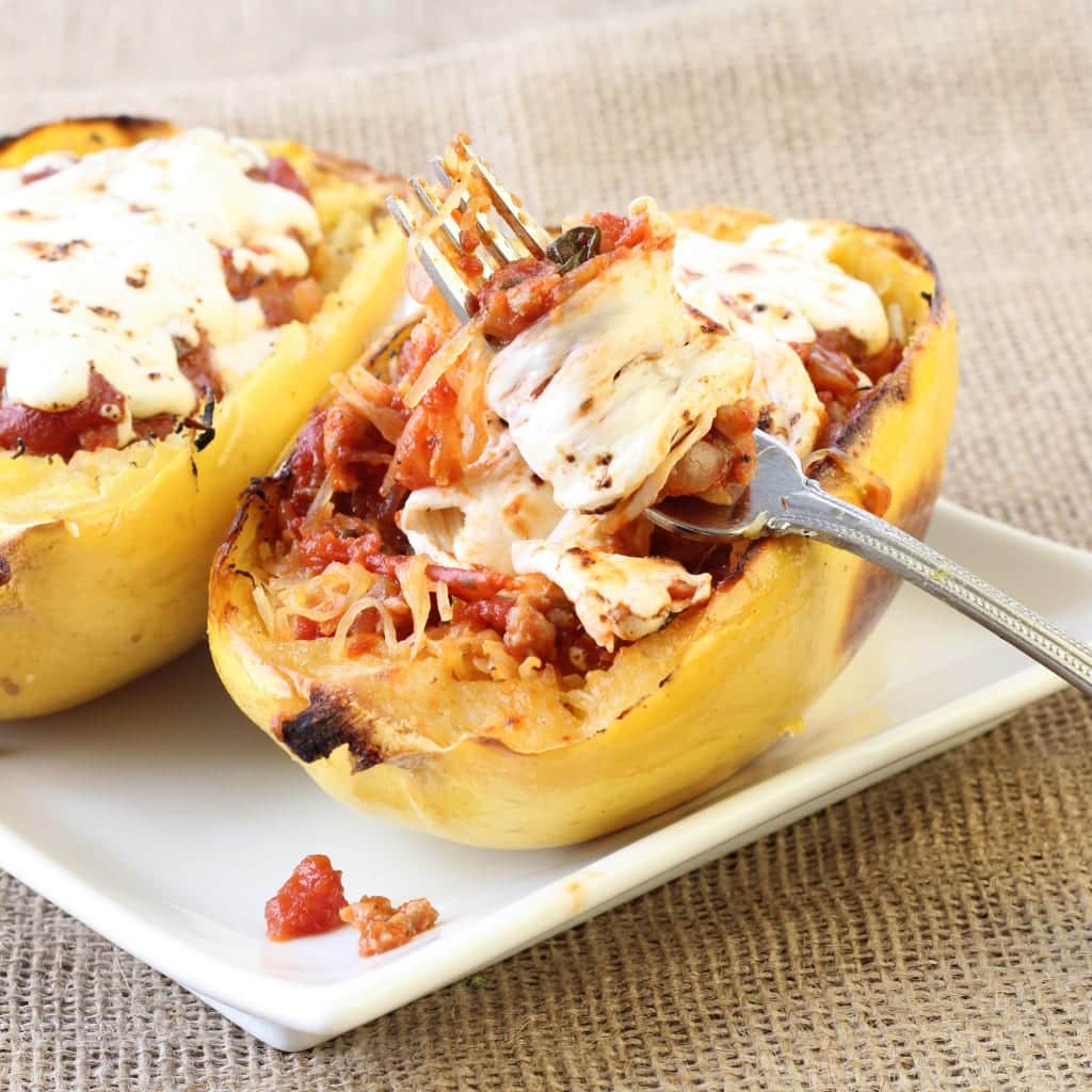 Twice Baked Spaghetti Squash with Turkey Sausage Meat Sauce