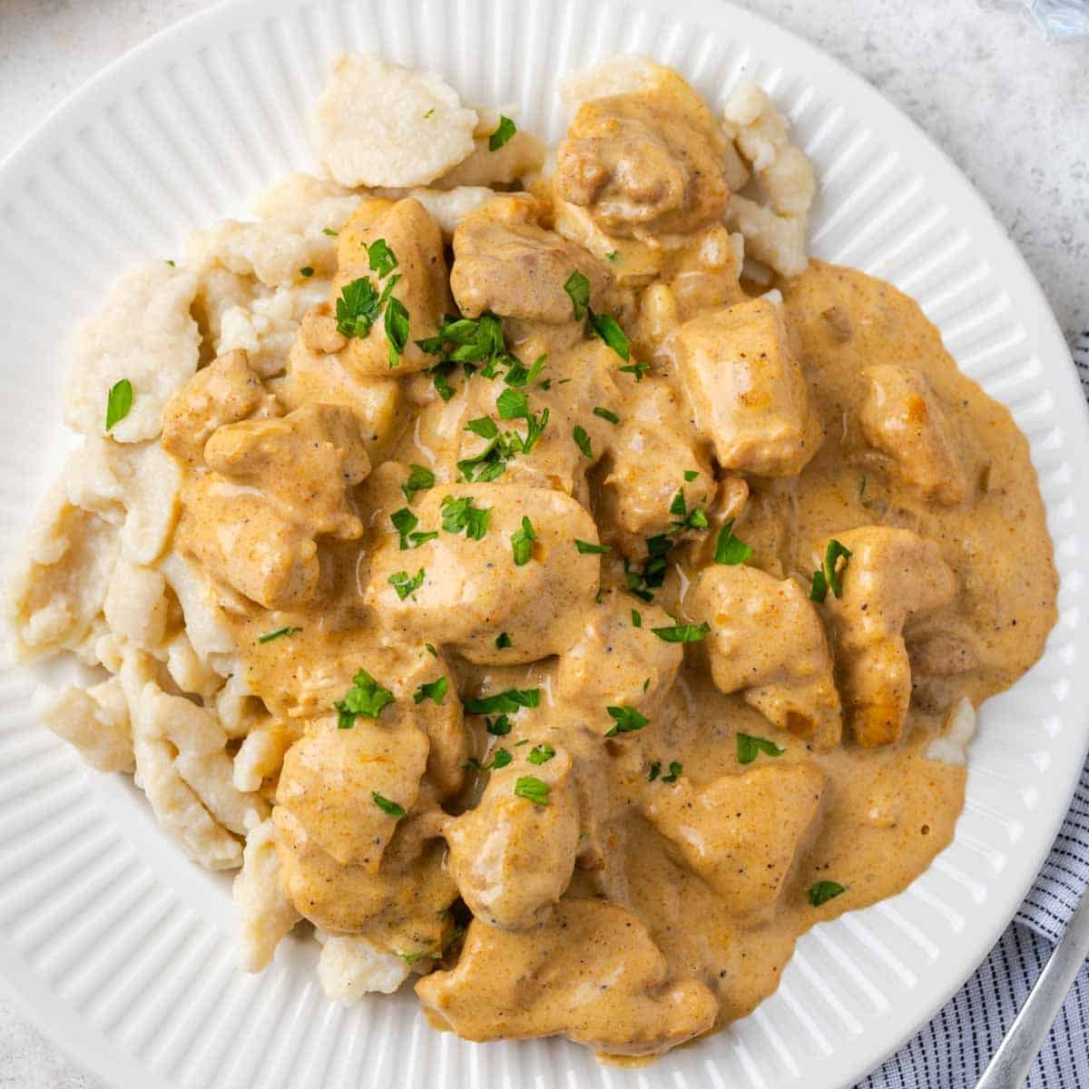 chicken paprikash on white plate with spaetzle.