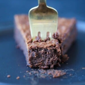 Flourless Chocolate Decadence Cake slice close up on fork.