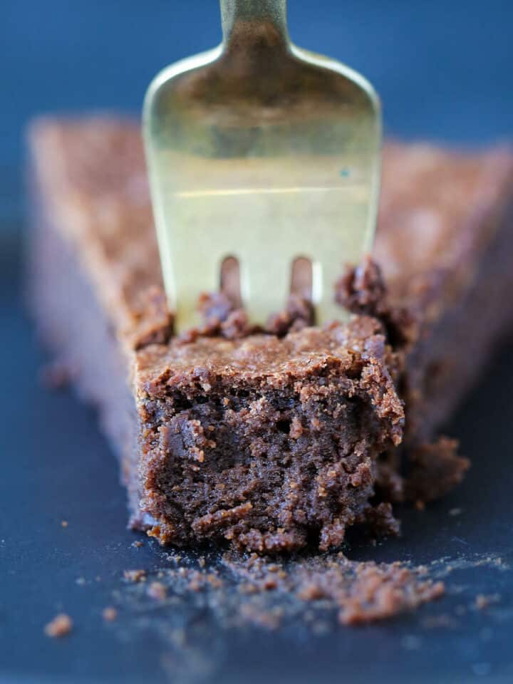 Flourless Chocolate Decadence Cake slice close up on fork