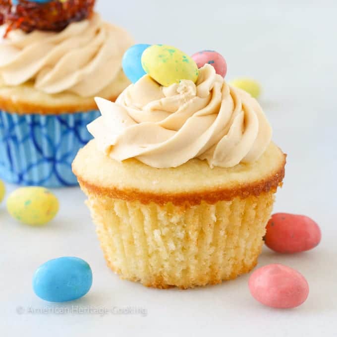 These Double Salted Caramel Cupcakes have a moist vanilla cake, salted caramel filling and a delicious caramel buttercream! 