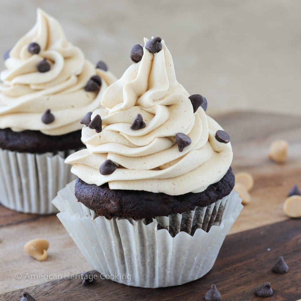 Peanut Butter Stuffed Double Chocolate Banana Cupcakes with Peanut Butter Frosting