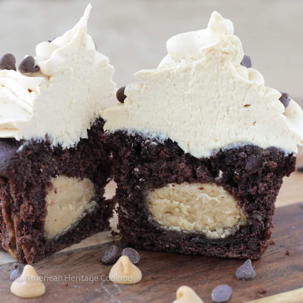 Peanut Butter Stuffed Double Chocolate Banana Cupcakes with Peanut Butter Frosting