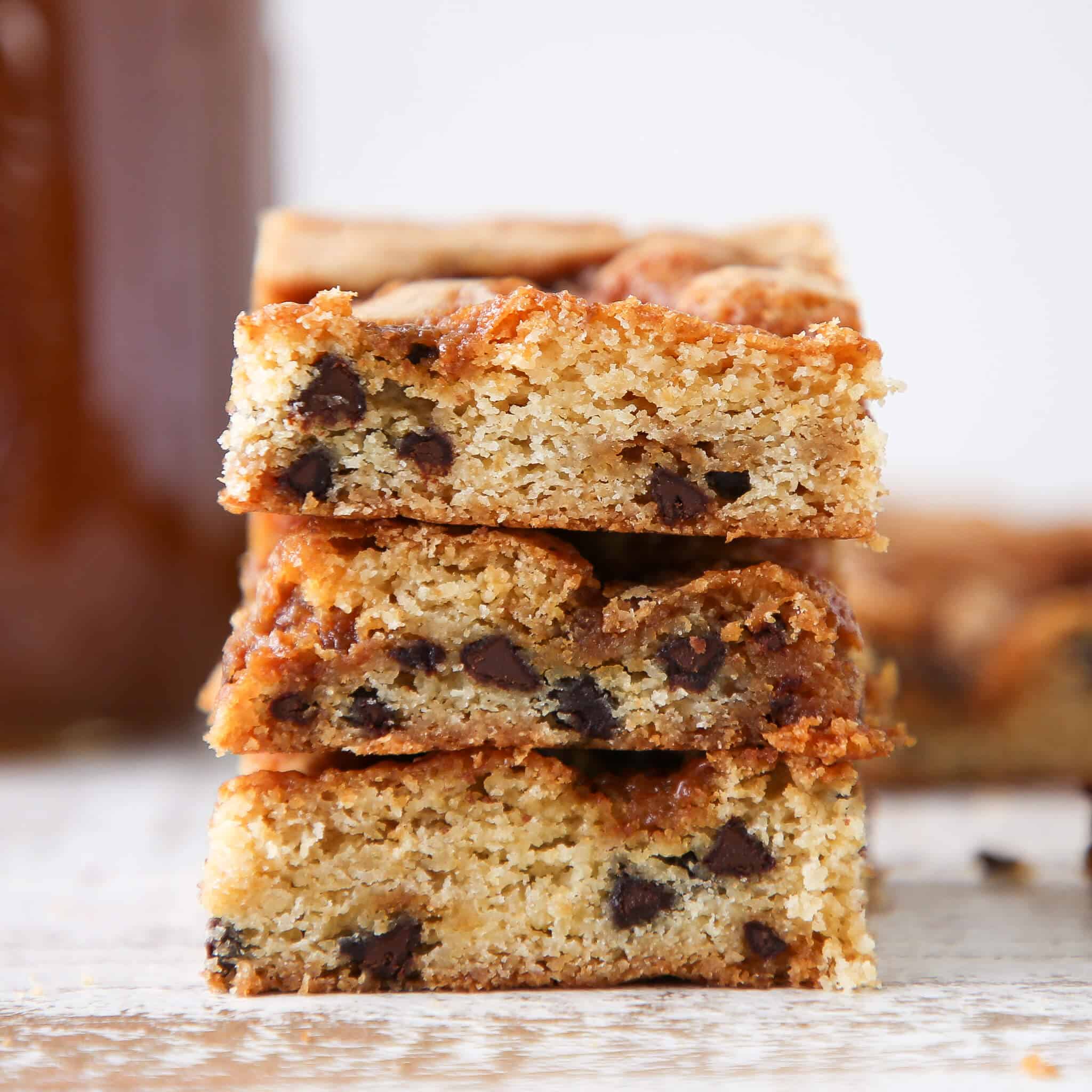 Caramel Chocolate Chip Blondies sliced stacked