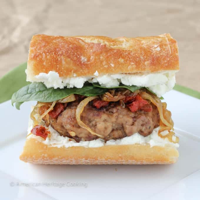 Gourmet Turkey Burger with goat's cheese, sun-dried tomatoes and caramelized onions
