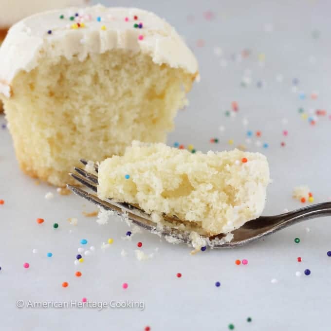 Sprinkles Copycat Vanilla Cupcakes Closeup with fork 