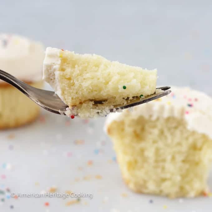 Sprinkles Copycat Vanilla Cupcakes Side closeup with fork