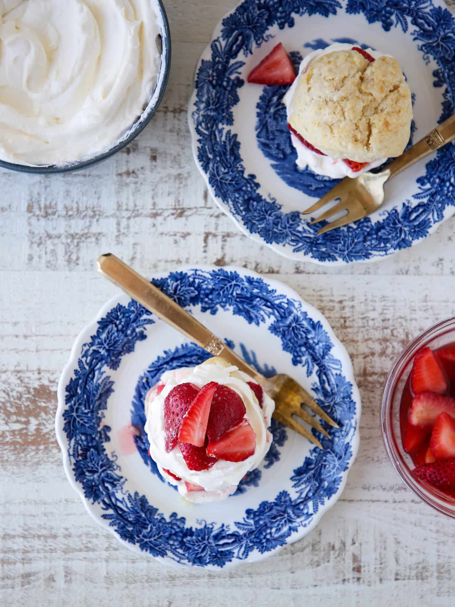 Strawberry Shortcake for Two blue china plates.