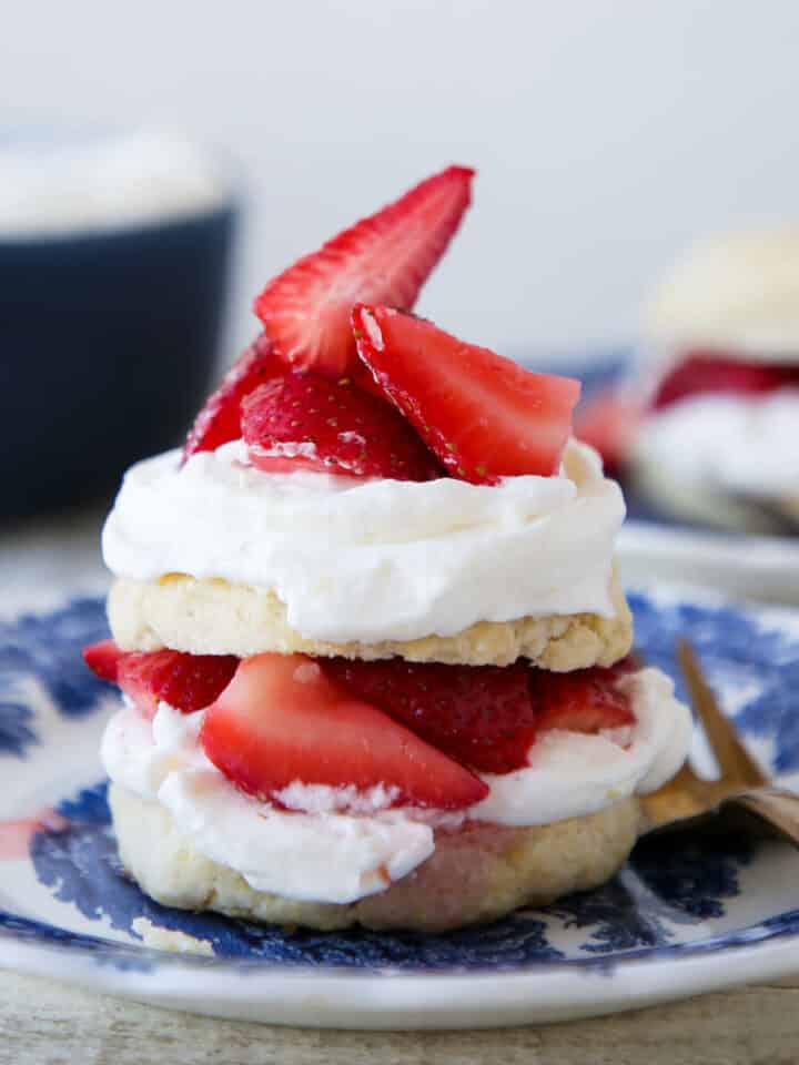 Strawberry Shortcake for Two stacked with whipped cream