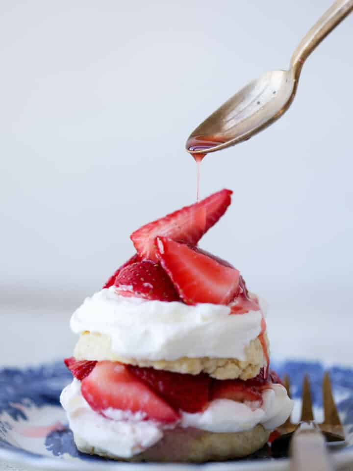 Strawberry Shortcake for Two Sauce drizzle on antique spoon