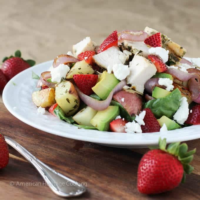 Grilled Onion Roasted Potato Strawberry Spinach Salad