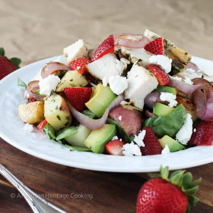 Grilled Onion Roasted Potato Strawberry Spinach Salad