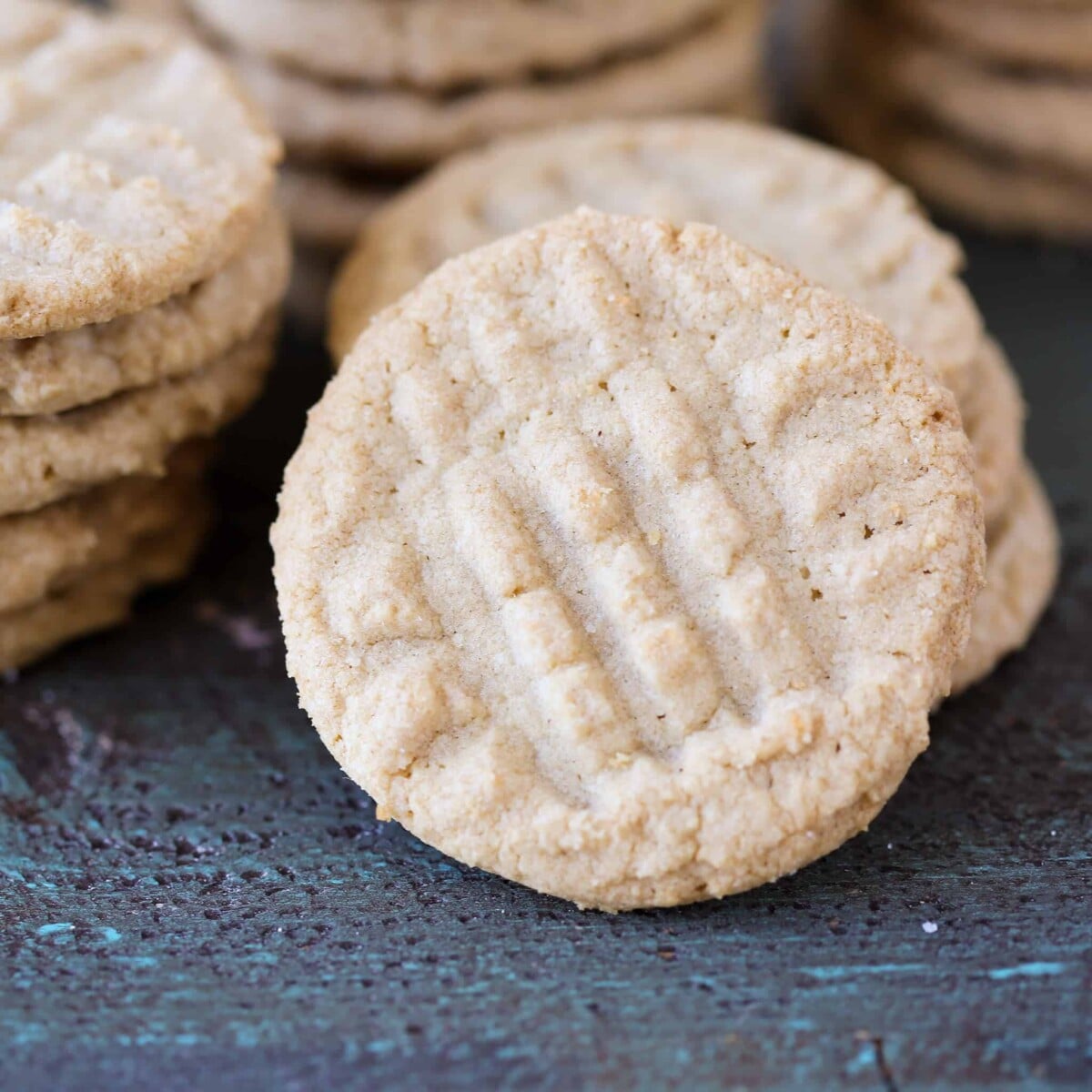 The criss-crossed top of a peanut butter cookie.