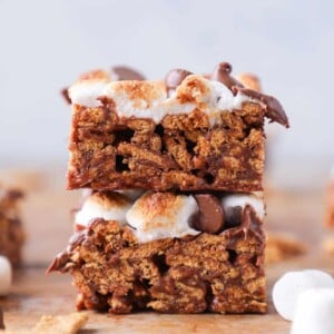 No Bake Golden Graham Smores Bars sliced stacked