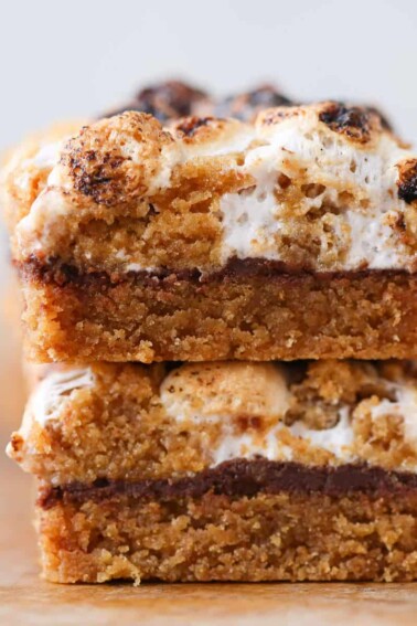 Soft Chewy Smores Crumble Bars sliced stacked