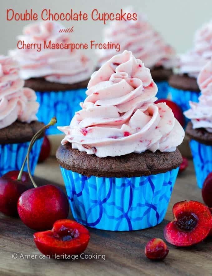 Double Chocolate Cupcakes Cherry Mascarpone Frosting