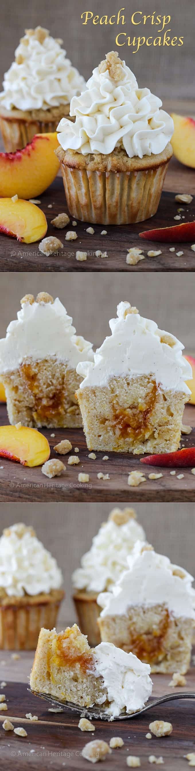 Peach Crisp Cupcakes filled with peach compote and topped with Swiss meringue buttercream