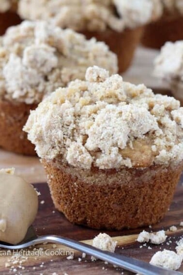 Peanut Butter Banana Muffins with Peanut Butter Streusel Peanut Butter Filled Spoon