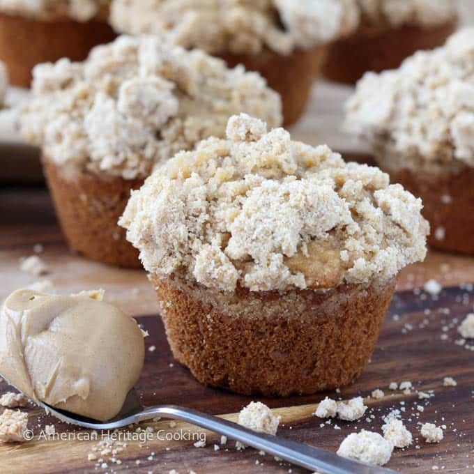 Peanut Butter Banana Muffins with Peanut Butter Streusel Peanut Butter Filled Spoon