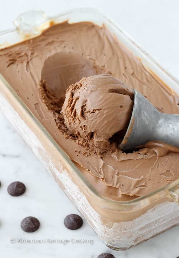 Chocolate Ice Cream with a silver scoop for Valentine's Day Desserts.