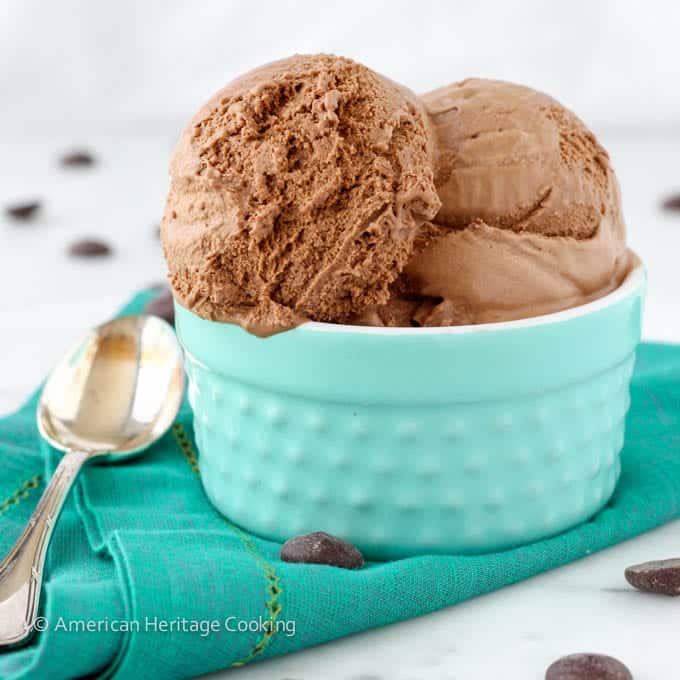 Chocolate Ice Cream in blue bowl.