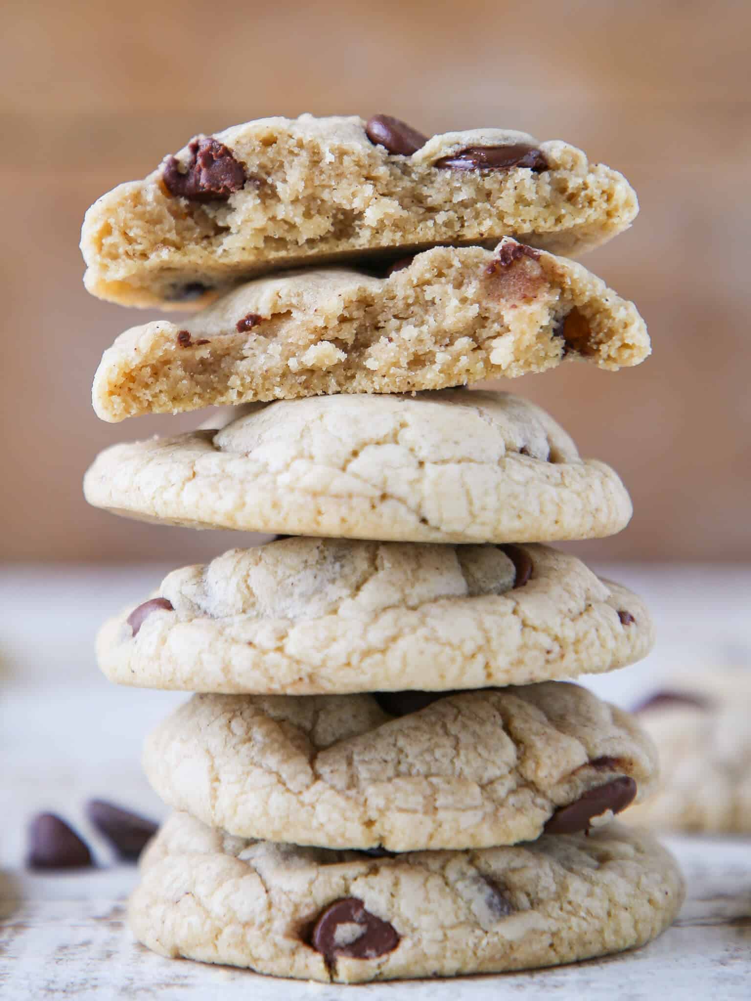 Brown Butter Cream Cheese Chocolate Chip Cookies tall stack.