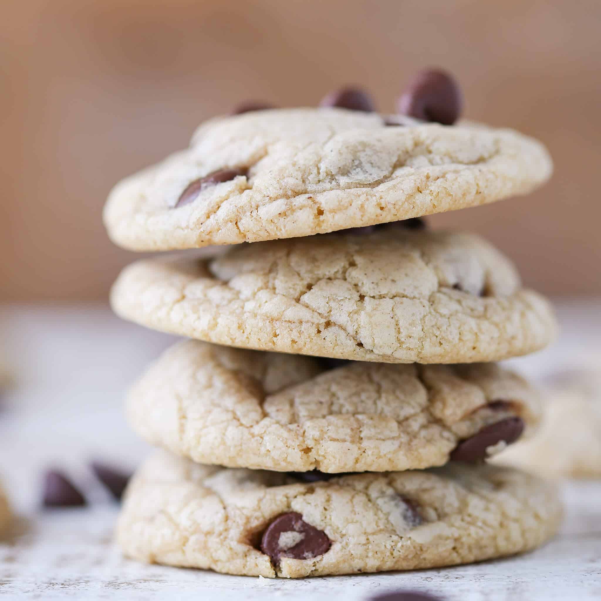 Brown Butter Cream Cheese Chocolate Chip Cookies stacked.