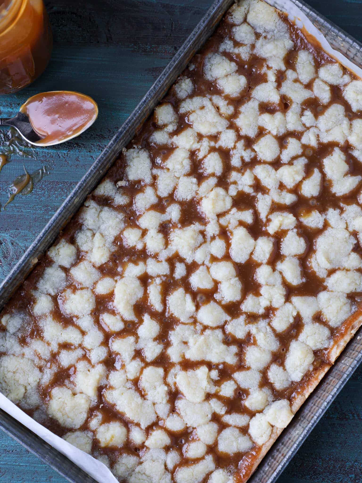 Caramel Butter Bars unsliced in vintage baking pan