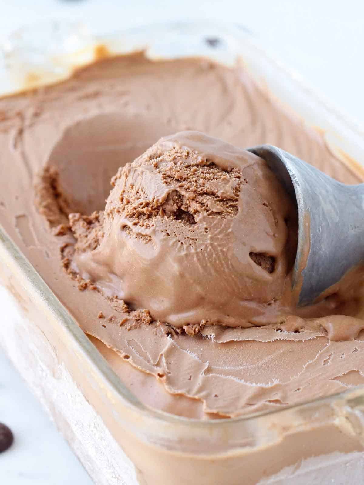 one scoop of chocolate ice cream.