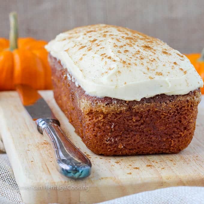 Healthier Pumpkin Banana Bread with Maple Caramel Cream Cheese Frosting