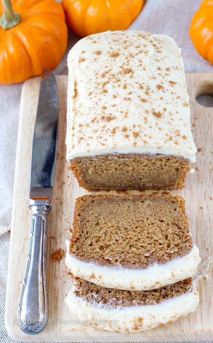 Healthier Pumpkin Banana Bread with Maple Caramel Cream Cheese Frosting