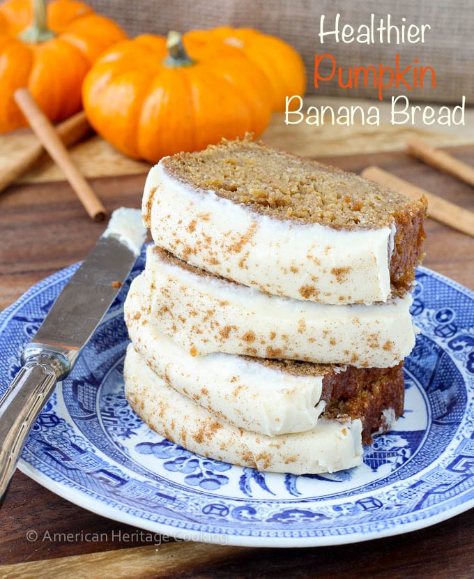 Healthier Pumpkin Banana Bread with Maple Caramel Cream Cheese Frosting