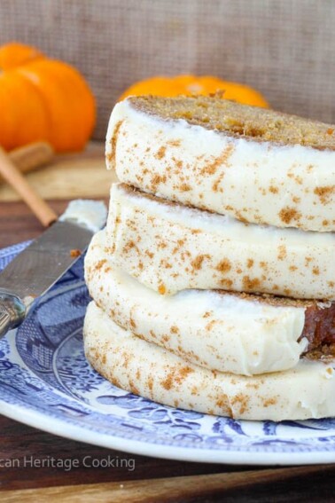 Healthier Pumpkin Banana Bread with Maple Caramel Cream Cheese Frosting