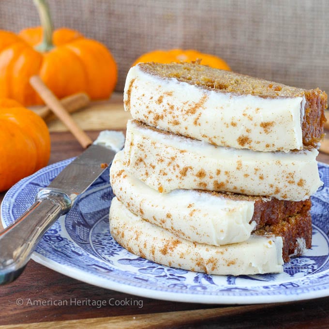 Healthier Pumpkin Banana Bread with Maple Caramel Cream Cheese Frosting