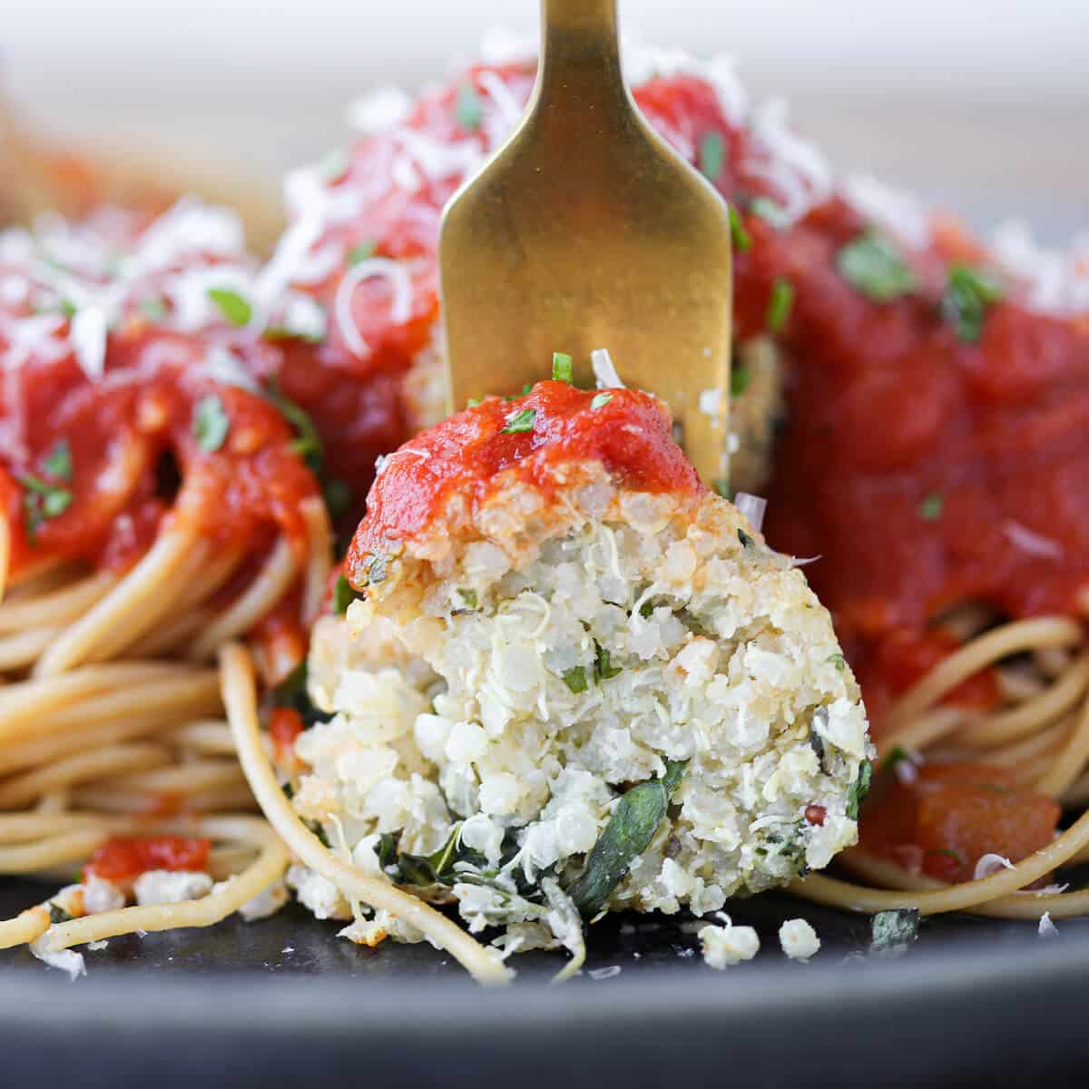 Quinoa Vegetarian Meatball on fork detailed