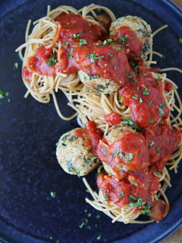 Quinoa Vegetarian Meatballs in sauce on pasta