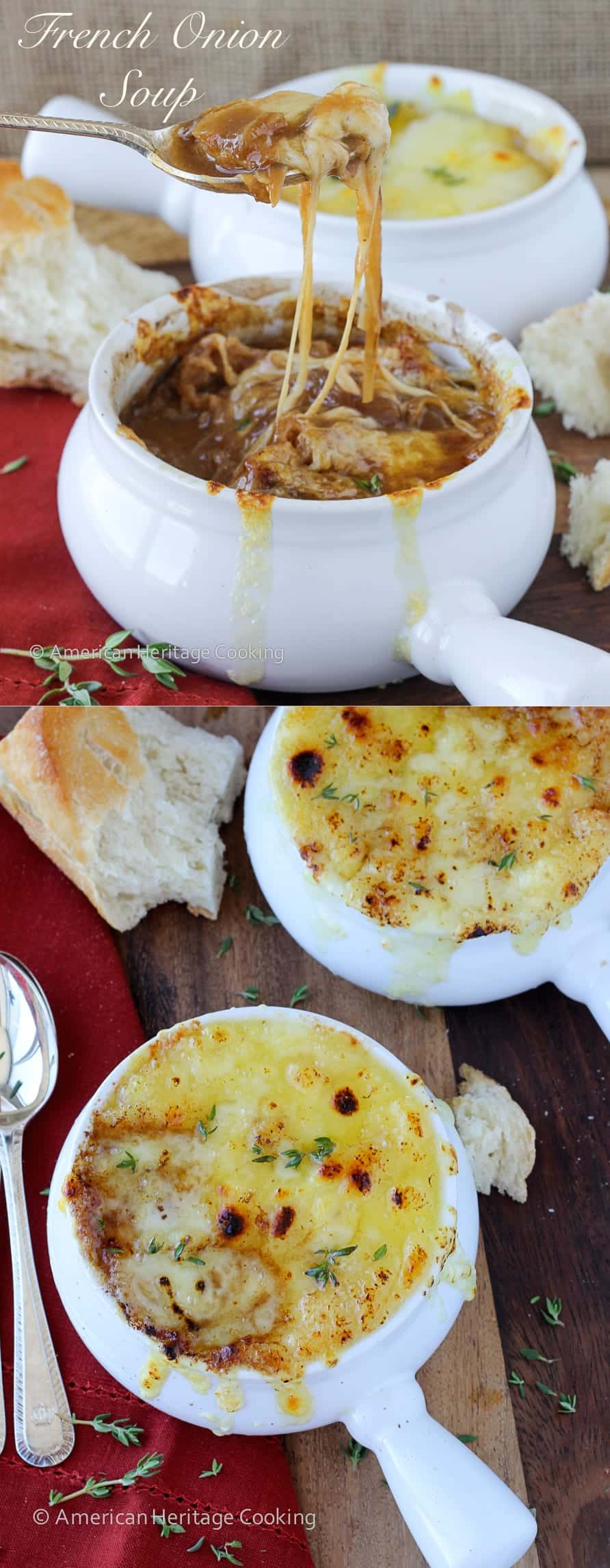 Homemade French onion soup in white bowls with melted cheese on top and little brown bubbling cheese spots.