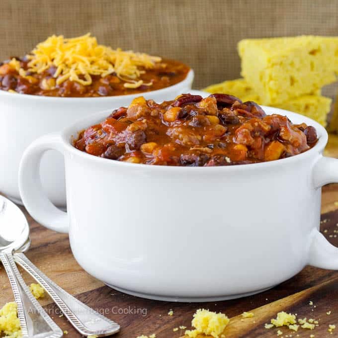 Healthy Chipotle Chicken Chili with Shaker Cornbread | Gluten Free Meals | American Heritage Cooking