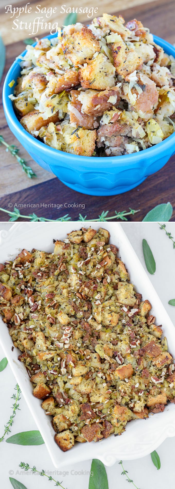 Apple sage sausage stuffing serving in a bright blue bowl and before serving in a white baking dish.