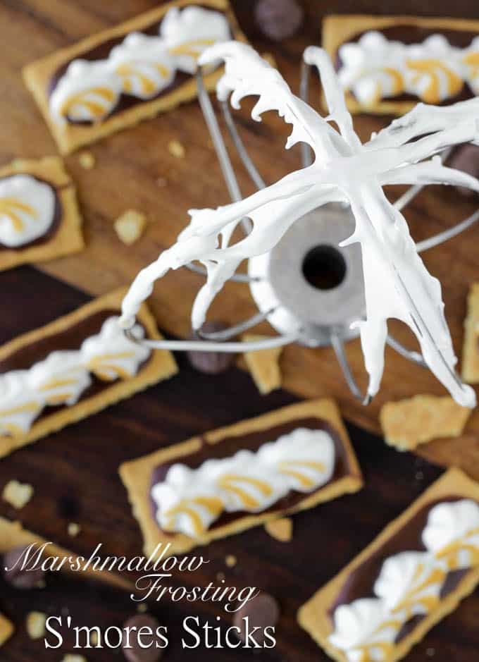 Homemade Marshmallow Frosting Smores Sticks | An easy, gelatin-free, recipe for marshmallow frosting and adorable, bite-sized S'mores snacks! 