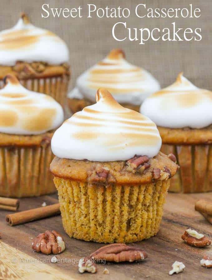 Sweet Potato Casserole Cupcakes with Homemade Marshmallow Frosting | Everything you love about sweet potato casserole in an adorable cupcake!! 
