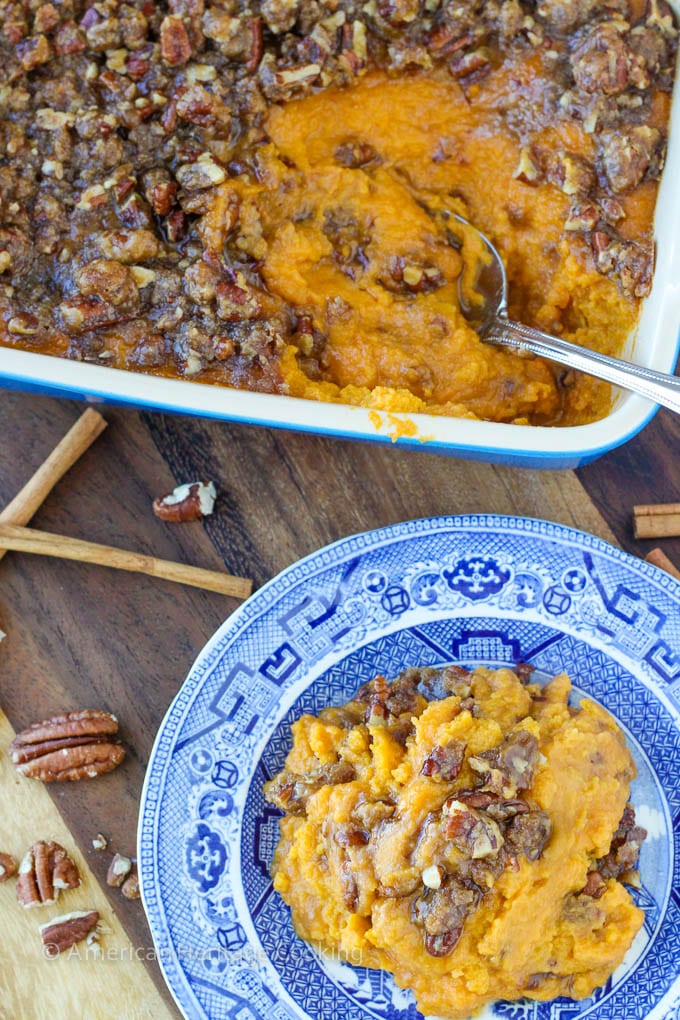 An easy recipe for Sweet Potato Casserole Lightened Up! Still packed with brown sugar, buttery goodness but with half the calories!