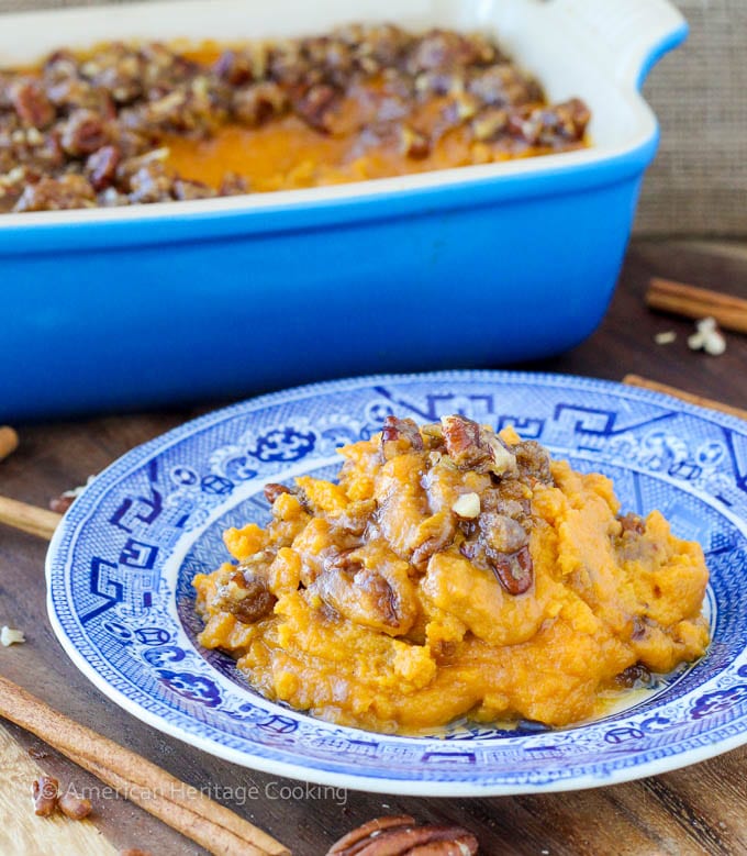 An easy recipe for Sweet Potato Casserole Lightened Up! Still packed with brown sugar, buttery goodness but with half the calories! 