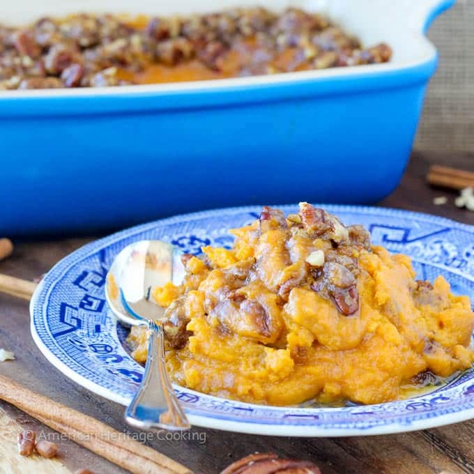 An easy recipe for Sweet Potato Casserole Lightened Up! Still packed with brown sugar, buttery goodness but with half the calories! 