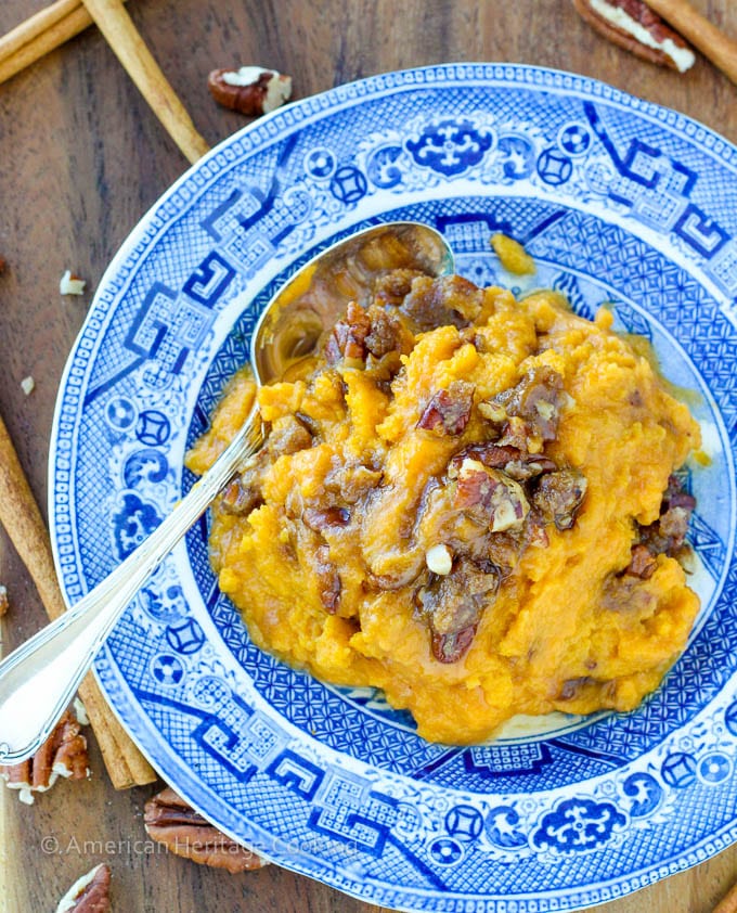 An easy recipe for Sweet Potato Casserole Lightened Up! Still packed with brown sugar, buttery goodness but with half the calories! 